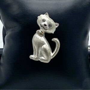 Vintage Silver Cat Pin Brooch Rhinestone Collar